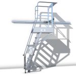 Scala scorrevole industriale con binario in alluminio e carrello a 12 cuscinetti, gradini antiscivolo e cancelletto frontale in acciaio