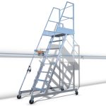 Sistema Scroll per scale a castello scorrevoli con carrello frenante e bracci snodati